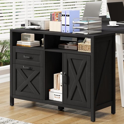 Lateral File Cabinet, Farmhouse 2 Drawer File Cabinet with Open Storage Shelf for Letter/Legal/A4 Size Hanging Files, Large Wood File Storage Cabinets Printer Stand for Home Office, Black