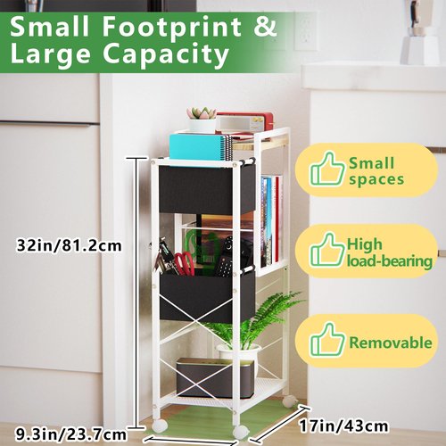 YITOBA 3 Tier Book Cart with Lockable Wheels, Movable Rolling Bookshelf, Metal Rolling Storage Cart, Small Utility File Organizer Cart for Office, Kitchen, Bathroom (White)