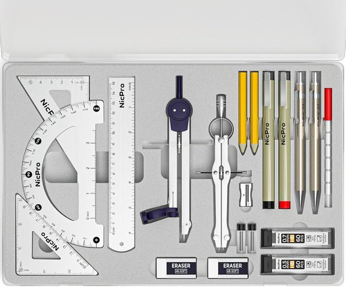 Nicpro 20PCS Professional Geometry Set - Complete 58PCS Art Drawing Supplies Kit in Leather Case