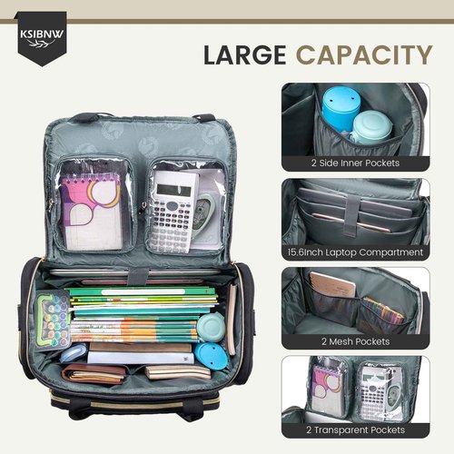 KSIBNW Rolling Laptop Bag for Women, Wheeled Teacher Tote Bag with Accordion Folder Waterproof Briefcases with 17 Inch Laptop Compartment and Detachable Dolly for Office, Work, Craft, Pink
