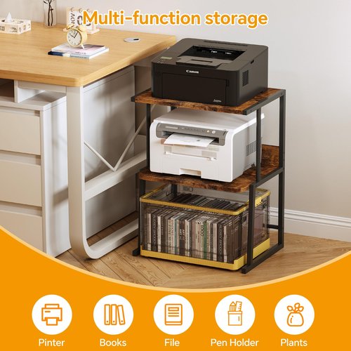 Homeiju Desktop Printer Stand,3 Tier Wood Storage Shelves, Multi-Function Storage for Fax Machine, Scanner, Files, Books, Heavy-Duty Metal Frame with Space-Saving, Rustic Brown