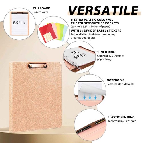 Leather Clipboard with Storage, Zippered Padfolio Portfolio Organizer, 3 Ring Binder 1 Inch, Notepad, Tablet Sleeve, 5 Dividers with Pocket, Stickets for Office, Nurses, Students, Teachers Rose Gold