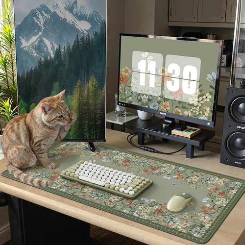 iCasso Desk Mat for Keyboard and Mouse,Large Keyboard Mat Non-Slip,Cute Desk Pad with Stitched Edges,Floral Mousepad for Women,Girly Computer Mat for Home Office Gaming(Sage Green)