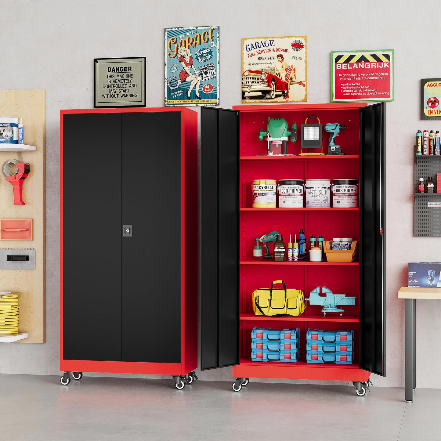SISESOL 75" Tall Metal Storage Cabinet with Wheels,Rolling Garage Storage Cabinet with Lock,Red Metal Cabinets on Wheels,Locking Tool Cabinets on Wheel for Garage,Home,Office,Shop
