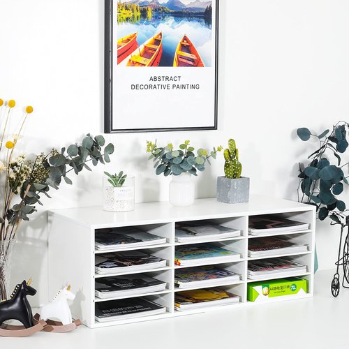 PAG Mail Sorter, Wood Countertop Literature Organizer, Student Mailbox for Classroom, Desktop Bill Paper Organizer for Office Home School, 12 Compartments, White