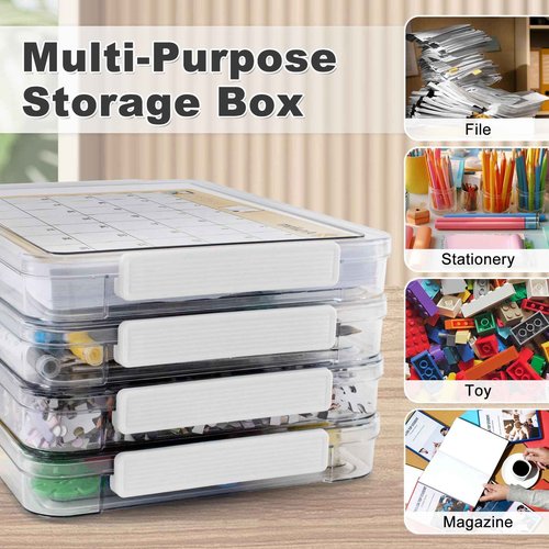 Aruihm 4 Pack Plastic Storage File Box, Plastic Stackable Storage Box with Lids, Clear, Versatile A4-Sized Suit for A4 Size Paper Storages Documents, School Supplies, Office Essentials