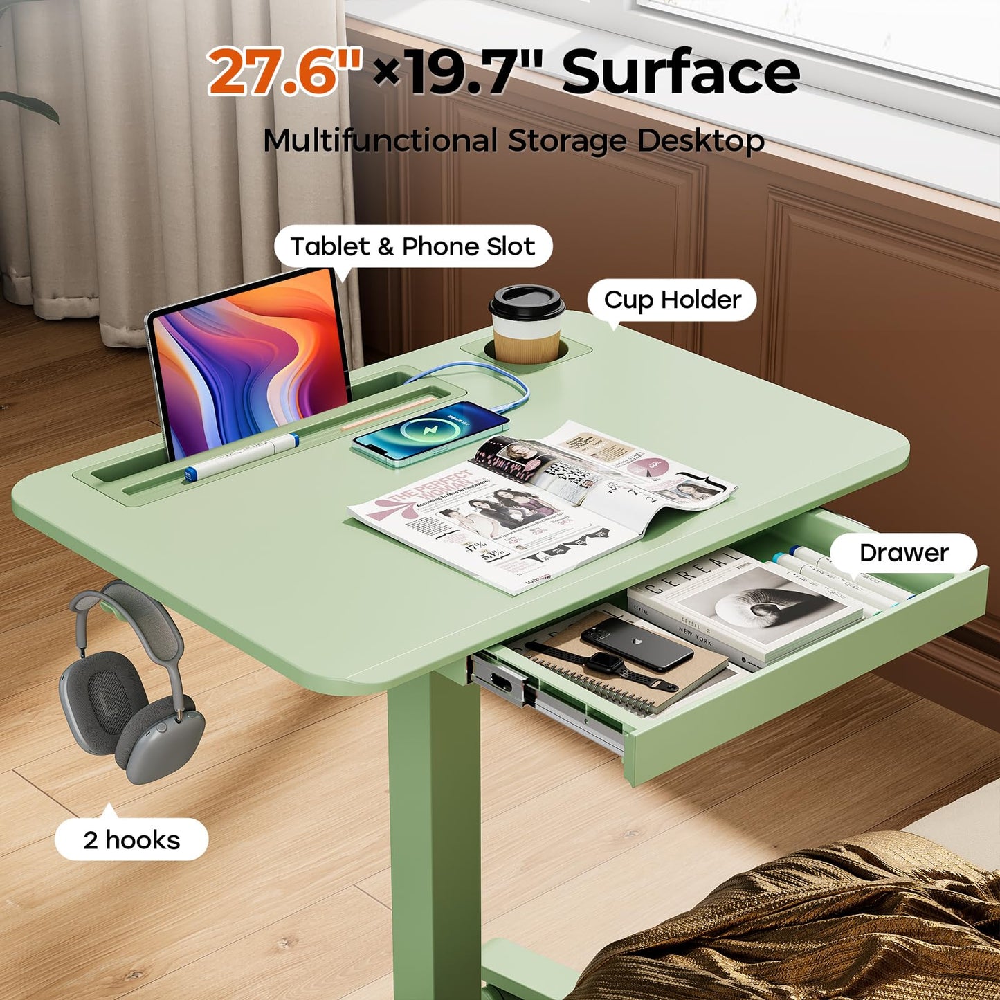 JYLH JOYSEEKER Mobile Standing Desk with Drawer, 28" Rolling Desk with Cup Holder and Hooks, Portable Laptop Workstation on Wheels, Height Adjustable Cart with Storage for Home Office, Sage Green