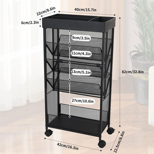 gianotter Book Rack Storage Bookshelf, 5 Tier Book Carts with Wheels, Rolling Cart Organizer for Study Office Kitchen Classroom