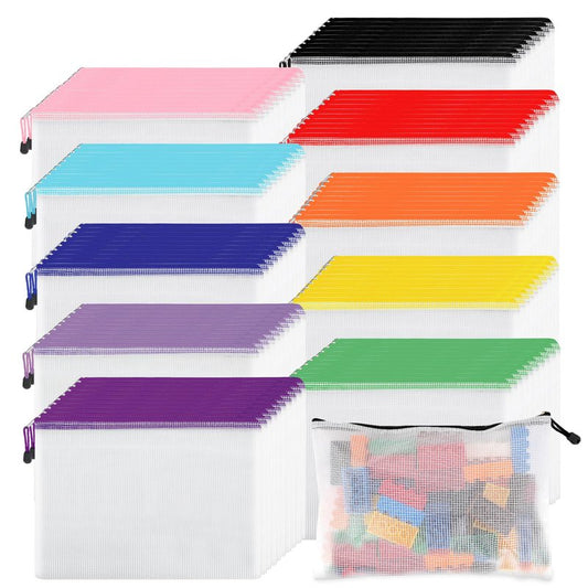 EOOUT 100pcs Mesh Zipper Pouch, A4 Size, 10 Colors Zipper Bags for Organizing Storage, Waterproof Puzzle Bag, Zipper File Bags for Board Games and School Office Supplies