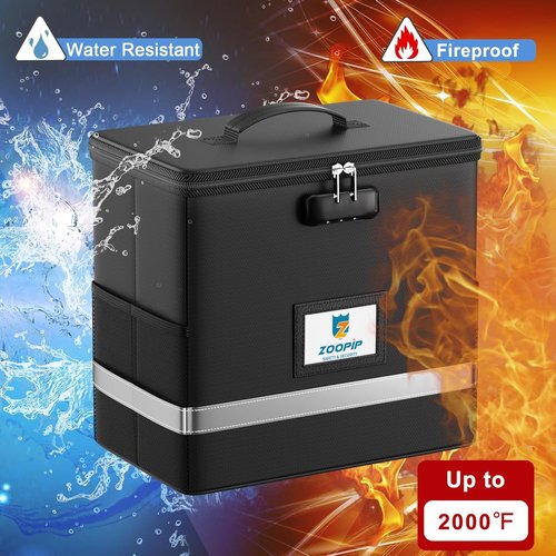 Fireproof File Box with Lock | Document Storage Organizer for Letter Size Folders | Collapsible Design, Black