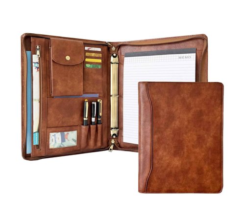 Gvalant 3 Ring Binder Vegan Leather Portfolio, Zippered Portfolio for Men, Letter Size Organizer Folder Padfolio A4 Document Bag for 13.3 inch Tablet Laptop (Brown, Standard)