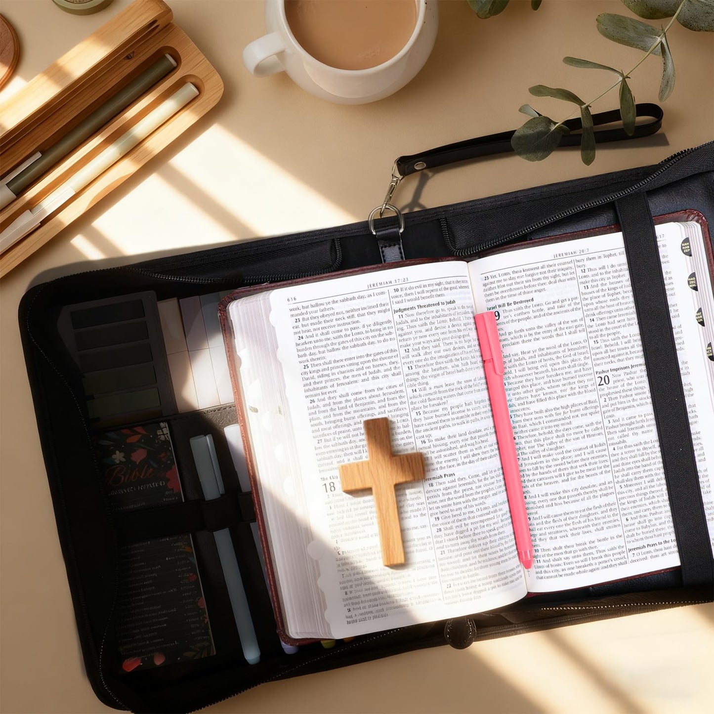 XKDOUS Bible Cover Case for Women, Leather Bible Bags with Study Supplies Large Book Carrying Case Church Book Holder Organizer Christian Gifts for Mom Lady Men