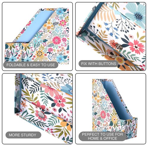SUIN 2 Packs Foldable Magazine-File Holder, Seamless Floral Design File-Boxes Desk Organizer for Office/Home/School, Cardboard
