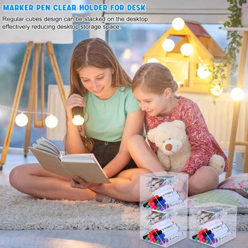 Kosiz 12 Pcs Back to School Stackable Pen Organizer 5.12 Inch Marker Pen Clear Holder Stackable Cube Organizer Removable Divider Acrylic Holder for Office Desk Desktop Storage