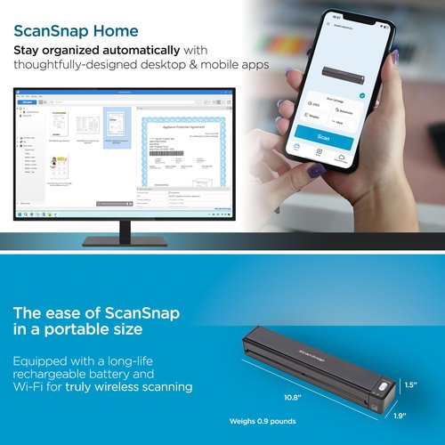 ScanSnap iX100 Wireless Mobile Portable Scanner for Mac or PC, Black