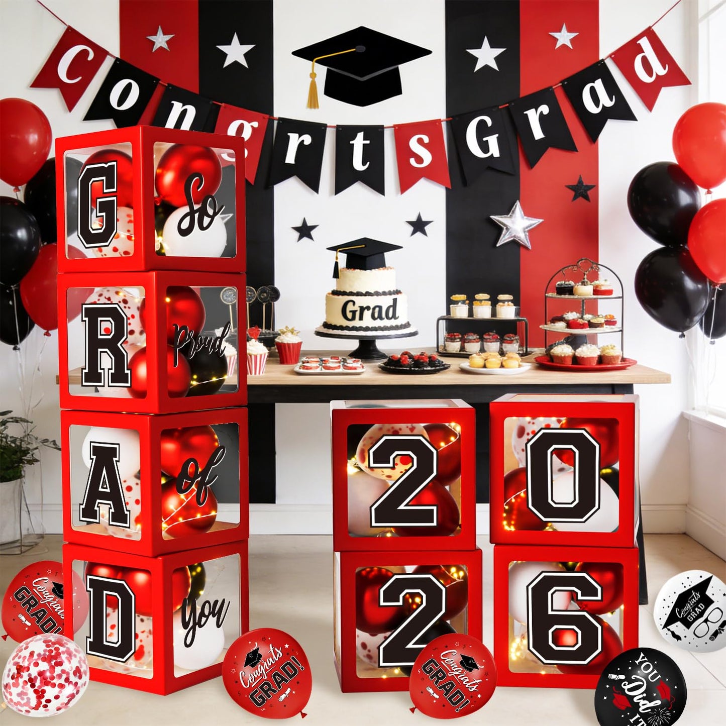 Graduation Decorations Class of 2026, Red and Black Graduation Decorations, Balloons Boxes (4PCS) with Letters 2026 GRAD So Proud of You, Congrats Grad Decorations for High School & College