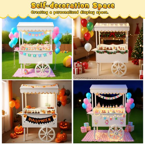 kaiwrxin Versatile Candy Cart with Wheels - 70x40x22in Ice Cream Carts for Business, Candy Carts' with Wheels for Party, Flower Cart Display Stand, Includes 100pcs Balloons & 1 Soft Glow Lights, White