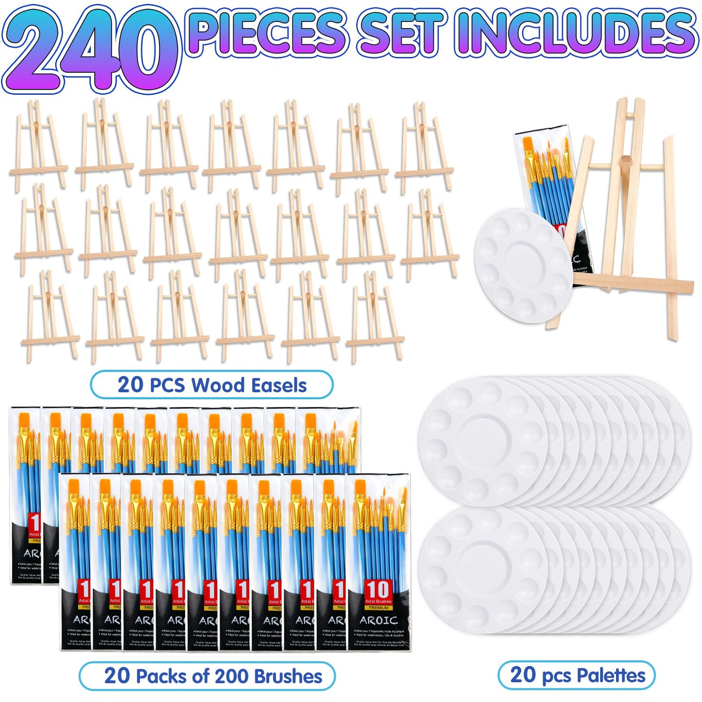 240 PCS Professional Painting Set with 20 PCS Wood Easels,20 Packs of 200 Brushes with Nylon Brush Head and 20 PCS Palettes, Painting Supplies kit for Kids & Adults to Painting Party.