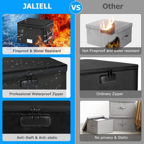 File Box with Lock - Fireproof Document Box File Organizer with Zipper & Adjustable Handle, Collapsible File Storage Box for Home Office, Filing Cabinet for Hanging Letter/Legal Folder