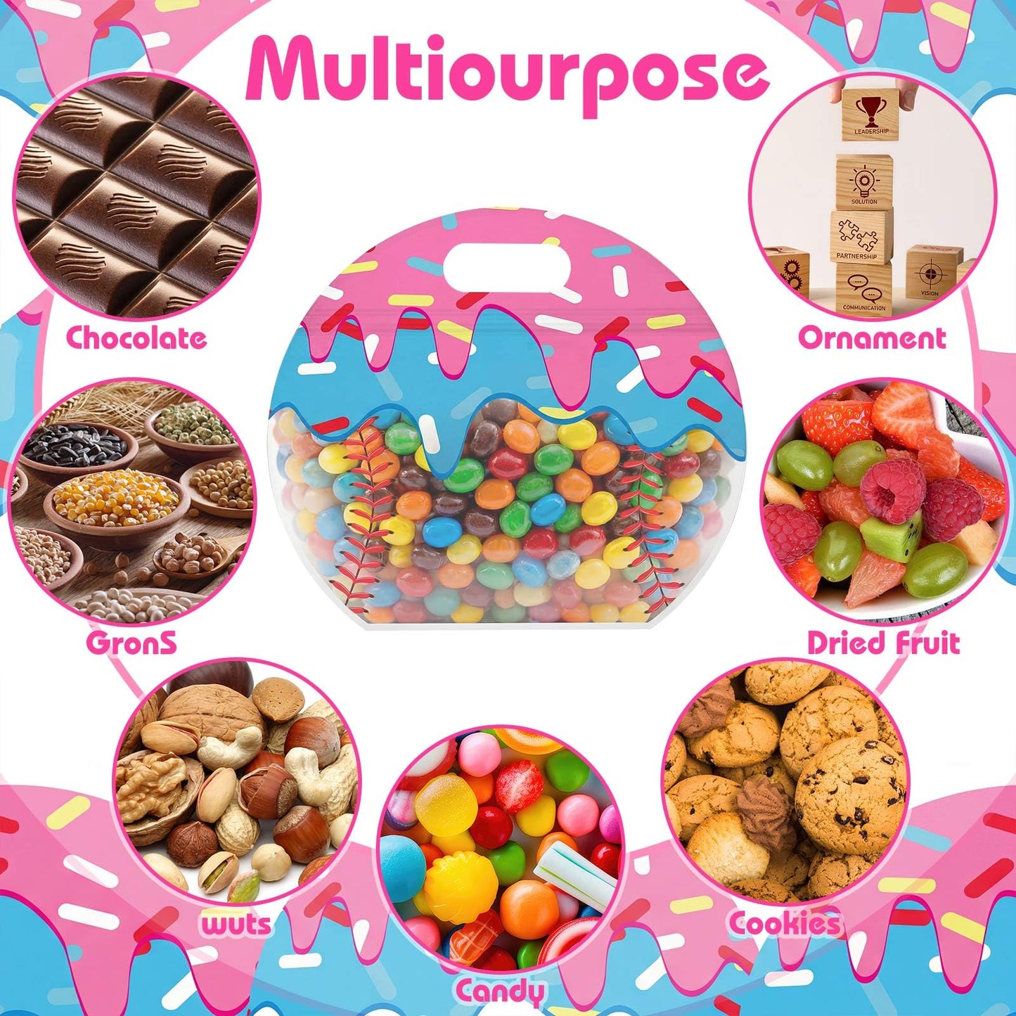 Colarr 24 Pcs Baseball Ice Cream Drip Party Favor Bags with Handles Reusable Sealed Treat Candy Bags Stand-up Bottom Snack Container for Sport Team Baseball Ice Cream Drip Party Birthday Gift Supplies