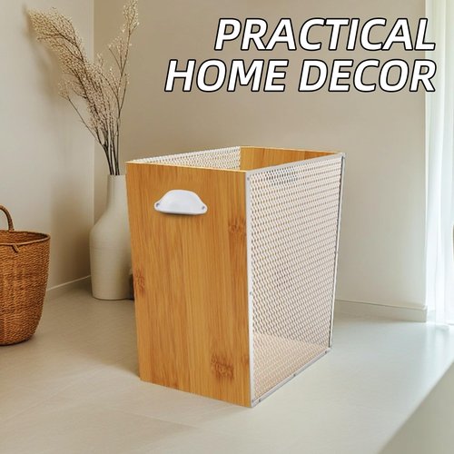 Fozxsvg 4 Gallon Bamboo-Wooden Trash Can - Rustic Office Waste Paper Basket - Decorative Garbage Bin for Bedroom, Bathroom, Kitchen, Living Room