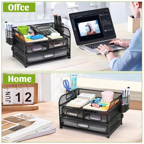 Carperipher 3 Tier Mesh Desk Organizer with Drawer for Desk Pencil Holders, Office Supplies, Folders, File,Notebooks, Stationery, Desk Organizer with 2 Pen Holder for Home, Office, School