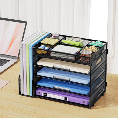 Marbrasse 5-Tier Desk Organizer with File Holder,Paper Letter Tray Organizer,Desktop File Organizer with Adjustable Compartments,Mesh Desk Organizers and Accessories for Office Supplies,Black