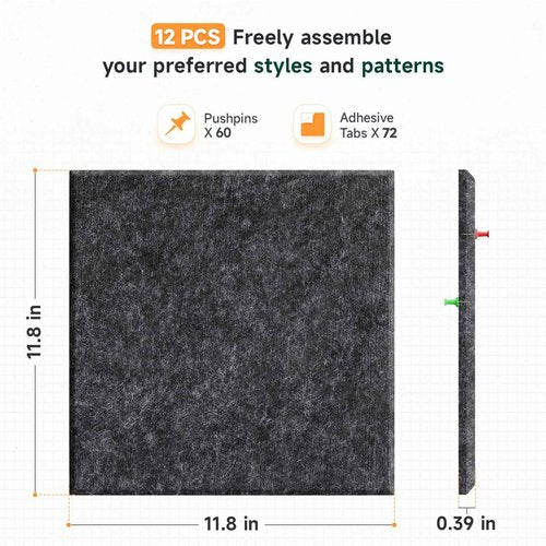 Uoisaiko Felt Cork Board for Wall: Extra Large Bulletin Board for Office - 12 PCS Thick Corkboard Tiles Grey Pin Board Squares Adhesive