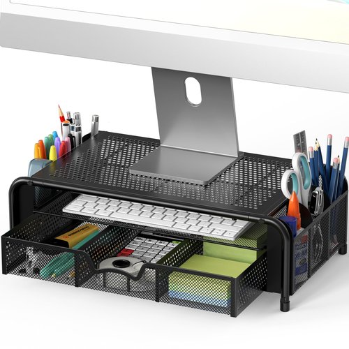 Simple Houseware Monitor Riser Stand with Pull-Out Drawer and Pen Holders, Black