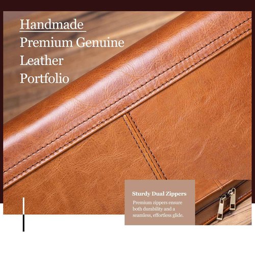 Geslun Genuine Leather Portfolio with 3 Ring Binder, Full Grain Leather Padfolio Zippered, A4 Notebook Holder Laptop Sleeve Professional Folder Organizer Gift for Men and Women, Brown, Oil Tanned