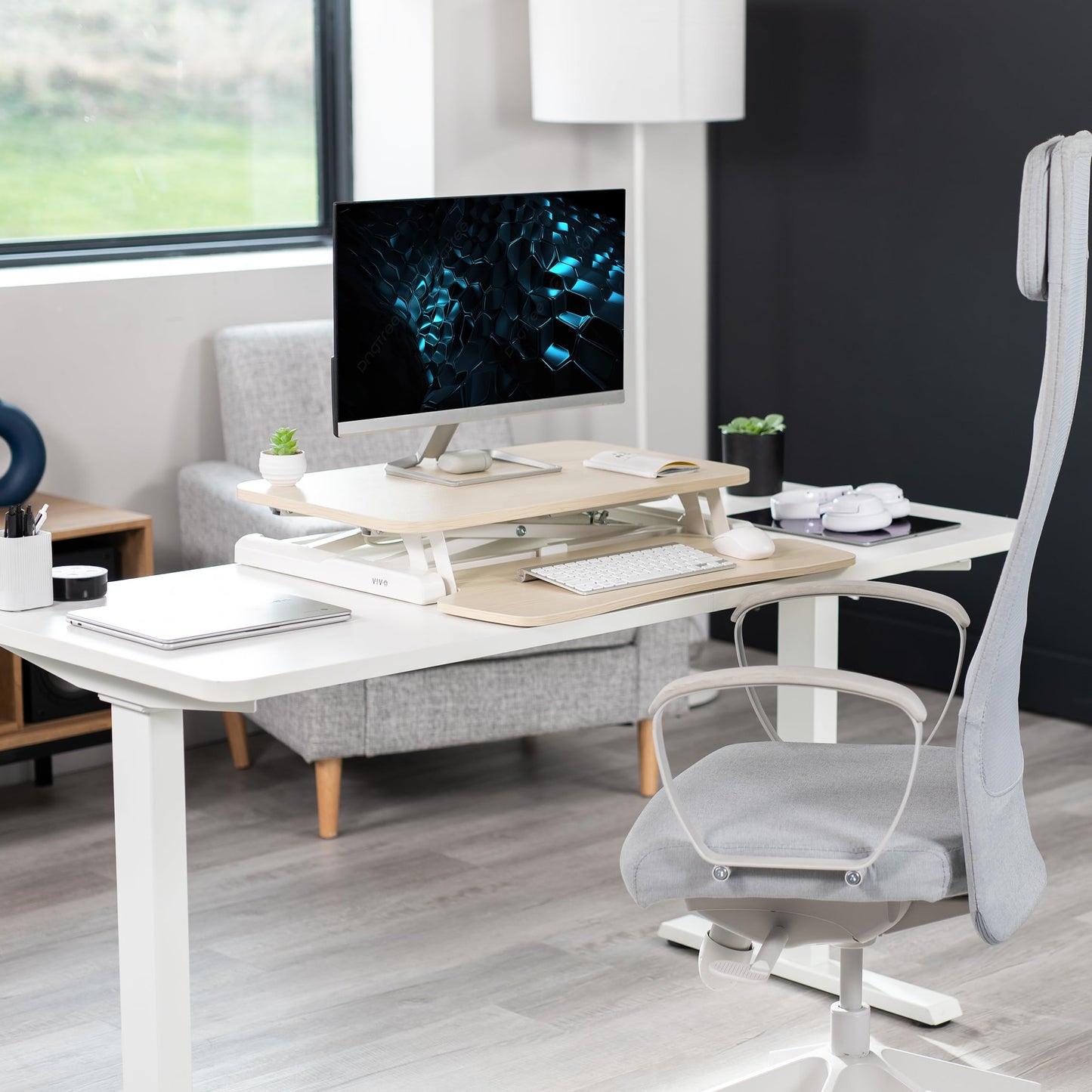 VIVO 26 inch Desk Converter, K Series, Height Adjustable Sit to Stand Riser, Dual Monitor and Laptop Workstation with Keyboard Tray, Light Wood Top, White Frame, DESK-V026KF
