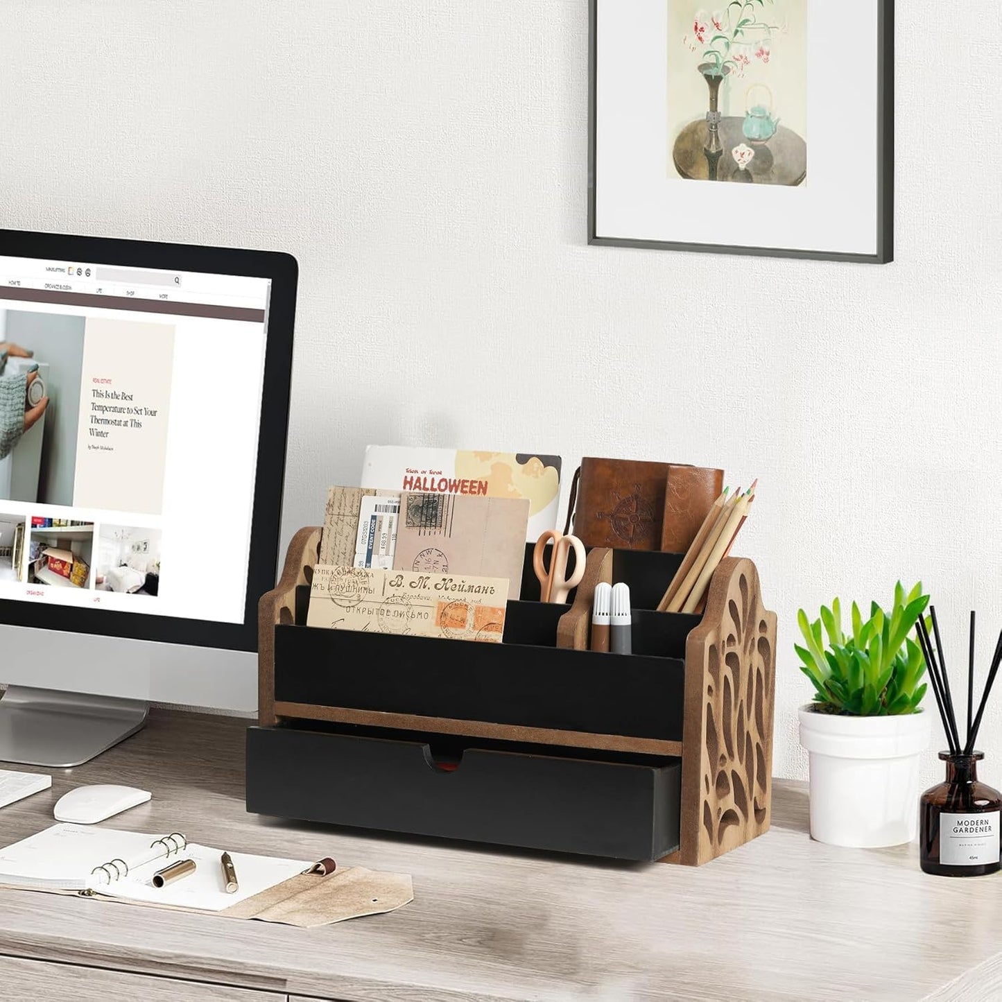 Skiennix Desk Organizer - Stylish Wooden File Holder with Drawer | 5-Slot Mail & Pen Storage for Home & Office
