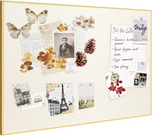 Lightomorrow Bulletin Board - 40 x 30 Inches Oatmeal White Fabric Cork Board with Golden Frame & 10 Push Pins