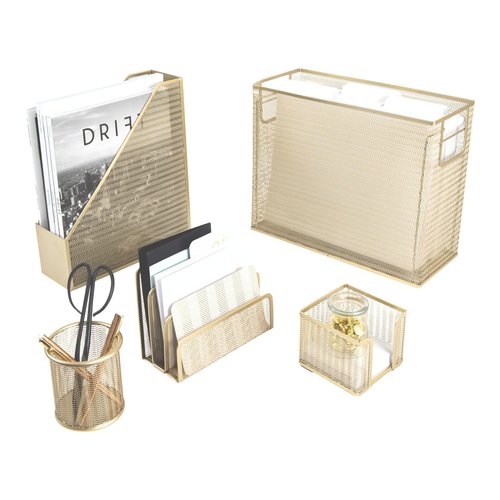 Desk Accessories Gold - 5 Piece Desk Accessories Set for Office Organization Gold with Hanging File Holder Gold Desk Accessories for Women Office File Organizer Gold Boho Desk Organizer Desk Décor