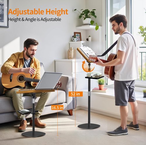 Namon Heavy-Duty Music Stand for Floor, Small Solid Wooden - 15×10 in, Adjustable Height (16.5-51'') & Angle (0-180°), with Sheet Music Clips, Perfect for Sheet Music, Books, Projector, Laptop, etc.