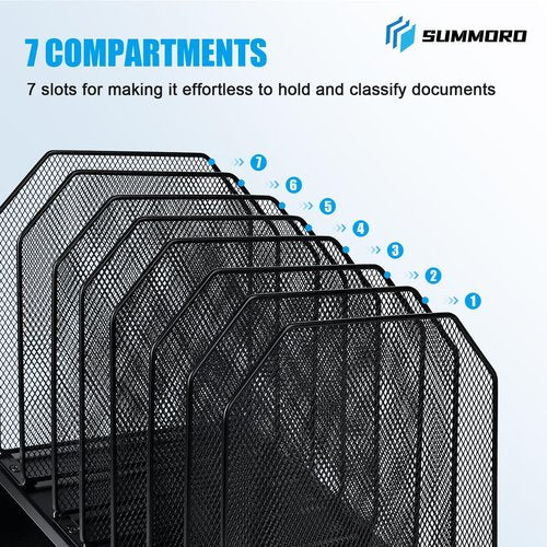 SUMMORO Inclined File Organizer for Desk, 7-Section Vertical File Folder Holder Office Desk Organizer Metal Rack File Wire Mesh Desktop Document Sorter for Office School Classroom Home (Black)