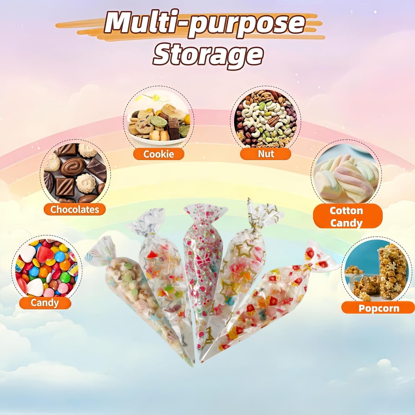 PABCK 50Pcs Cone Shaped Cellophane Treat Bags 6.69x11.8 inch Party Favor Gift Wrap Cellophane Bag Clear Plastic Bags for Candy Cookies Popcorn Snack Packaging Food Storage Bag Triangle with 50 Gold Twist Ties