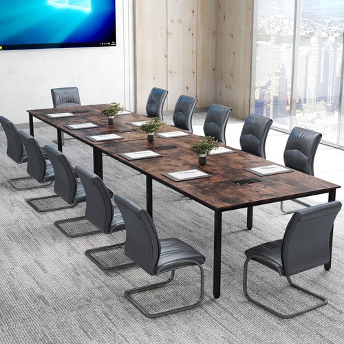 Tangkula 8 FT Conference Table, 95" x 48" Rectangle Office Computer Desk with Heavy-Duty Metal Frame, 2 Cable Grommets, Modern Seminar Table for Meeting Room, Boardroom (Rustic Brown,2)