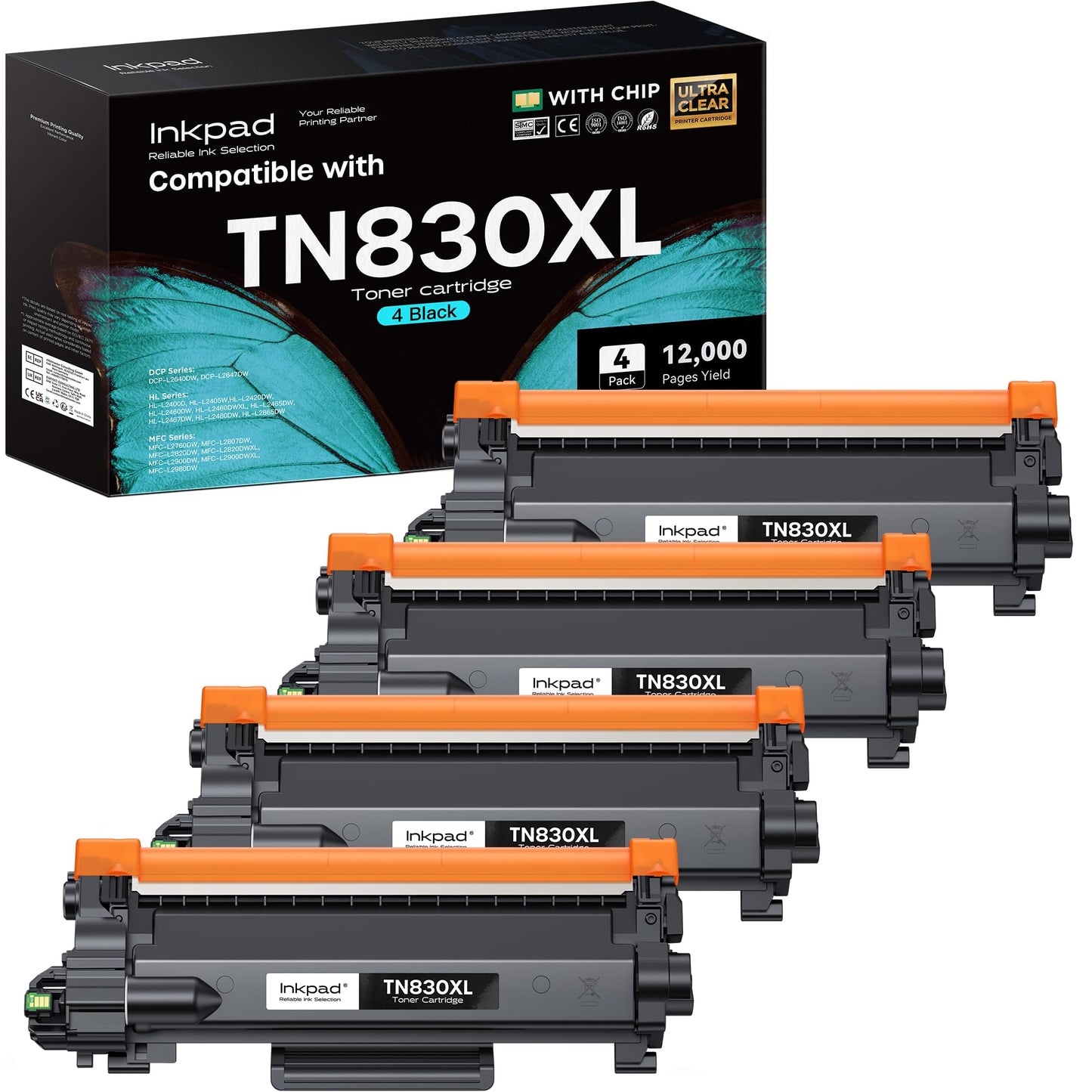 iNKPAD Compatible TN830XL TN830 Toner Cartridge for HL-L2460DW DCP-L2640DW Replacement for Brother TN 830 XL/V/R Toner with MFC-L2820DW HL-L2400D HL-L2405W HL-L2460DWXL Printers (4Pack, Black)