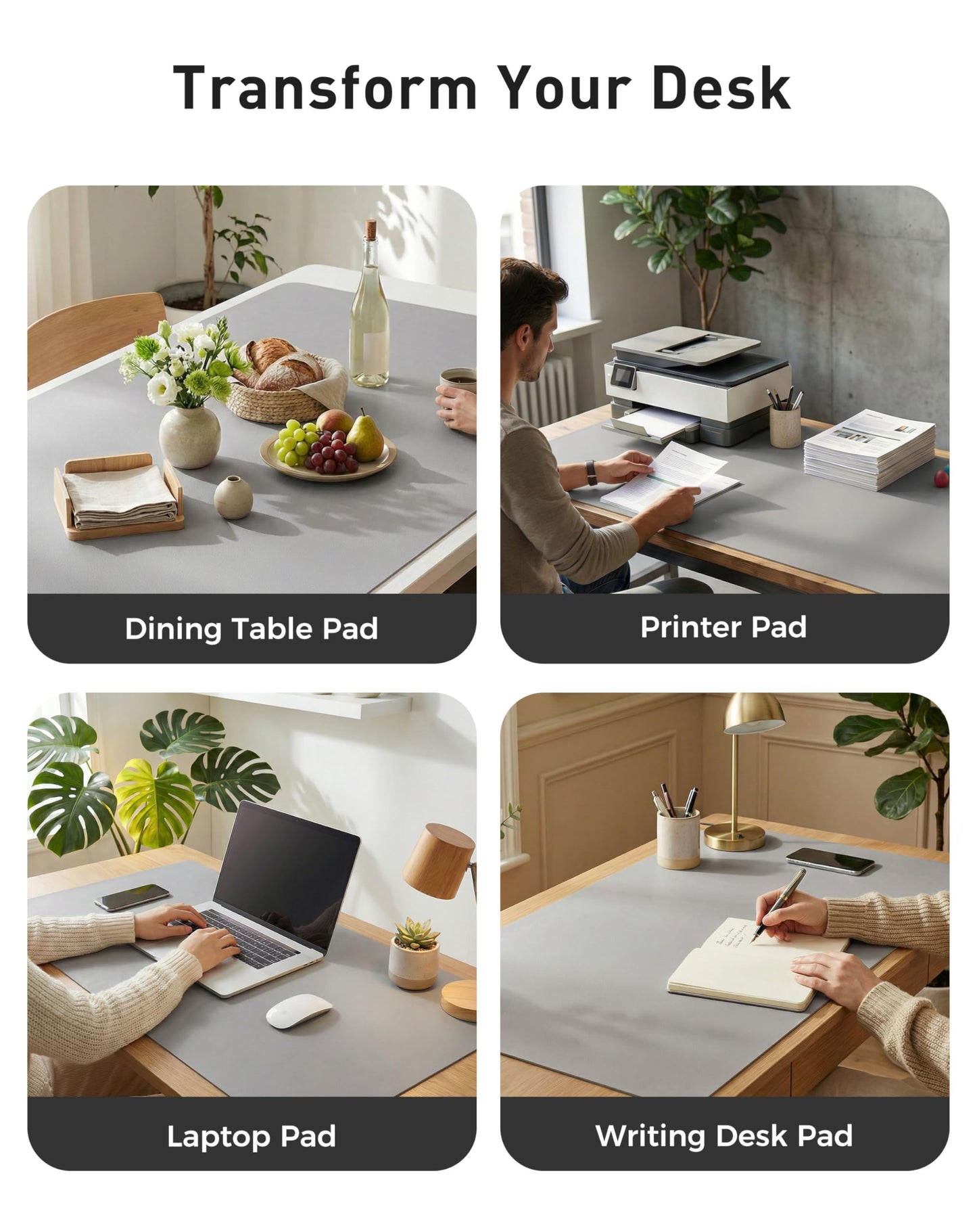 Aothia Faux Leather Desk Mat - Large Mouse Pad, Non-Slip PU Leather Blotter, Waterproof Writing Surface for Office and Home (Light Grey, 40" x 24")