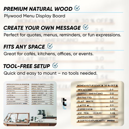 250 Wooden Letters Set – Half DIY Letter Board Kit with Optional Rails – Customizable Colors – For Menu Board or Message Board (Home, Café, Office)