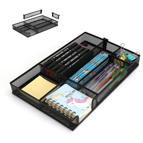 2 PCS Desk Drawer Organizer, 4 to 6 Grid Office Drawer Divider with 2 Adjustable Compartments, Metal Mesh Desktop Organization for Stationery Makeup Kitchen Toolroom School &Office, 12.6x8.26x1.57 in
