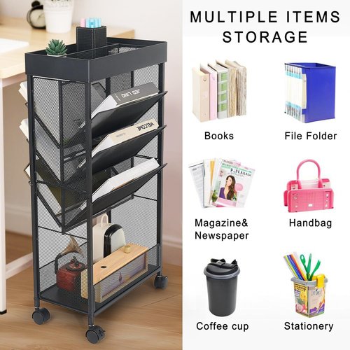 gianotter Book Rack Storage Bookshelf, 5 Tier Book Carts with Wheels, Rolling Cart Organizer for Study Office Kitchen Classroom
