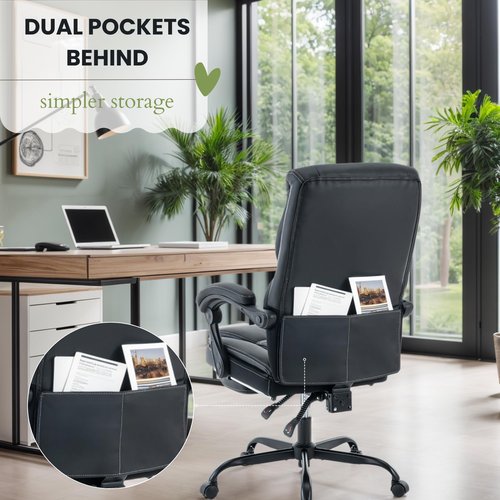 Executive Office Chair Big and Tall with Footrest and Pockets Ergonomic Home Computer Gaming Desk Task High Back PU Leather Adjustable Swivel Rolling Reclining