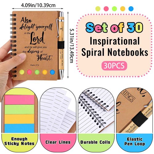 60 Pcs Christian Gifts Bulk Spiral Notebooks with Sticky Notes Inspirational Bible Verse Prayer Journals Religious Notepad Bamboo Ballpoint Pens for Women Teacher Church Party Office