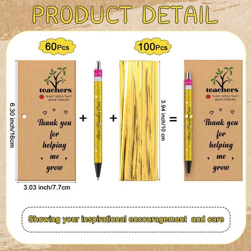 Sinload 60 Sets Teacher Pens Gifts Include Inspirational Quotes Glitter Ballpoint Pens with Thank You Card Writing Stationery Office Supplies Teacher Christmas Appreciation Gift