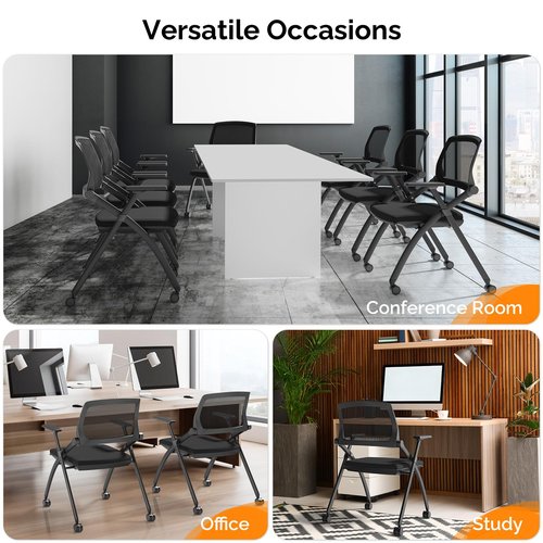VINGLI 8 Pack Stackable Conference Room Chairs with Wheels, Folding Office Chair with Rebound Back, Padded Seat for Training Room, Guest, Reception, Event, Capacity 350lbs, Black