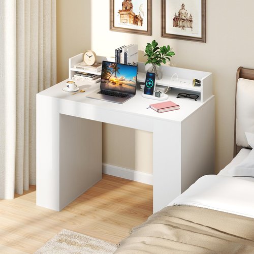 GOFLAME Computer Desk, 43” Home Office Desk with Power Outlets, Monitor Shelf, Bookshelf & Cable Hole, Modern Study Writing Desk, PC Workstation for Living Room Bedroom, White
