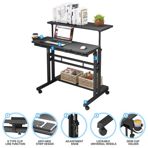 Mobile Standing Desk, Adjustable Rolling Computer Desk with 3 Desktops, Portable Laptop Table with Cup Holder, Home Office Laptop Workstation on Lockable Wheels, Black