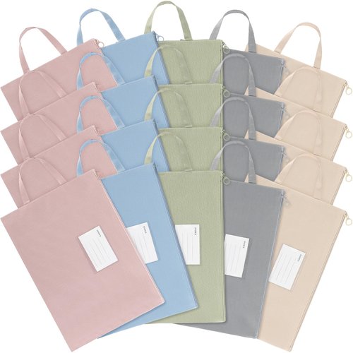 AmazingSpark 20 Pcs Book Pouches for Classroom Waterproof Book Bag with Handle Name Card Pocket A4 Zipper Bag 10 x 13'' Foldable Storage Organizer for Student School Project Office Carrying, 5 Colors